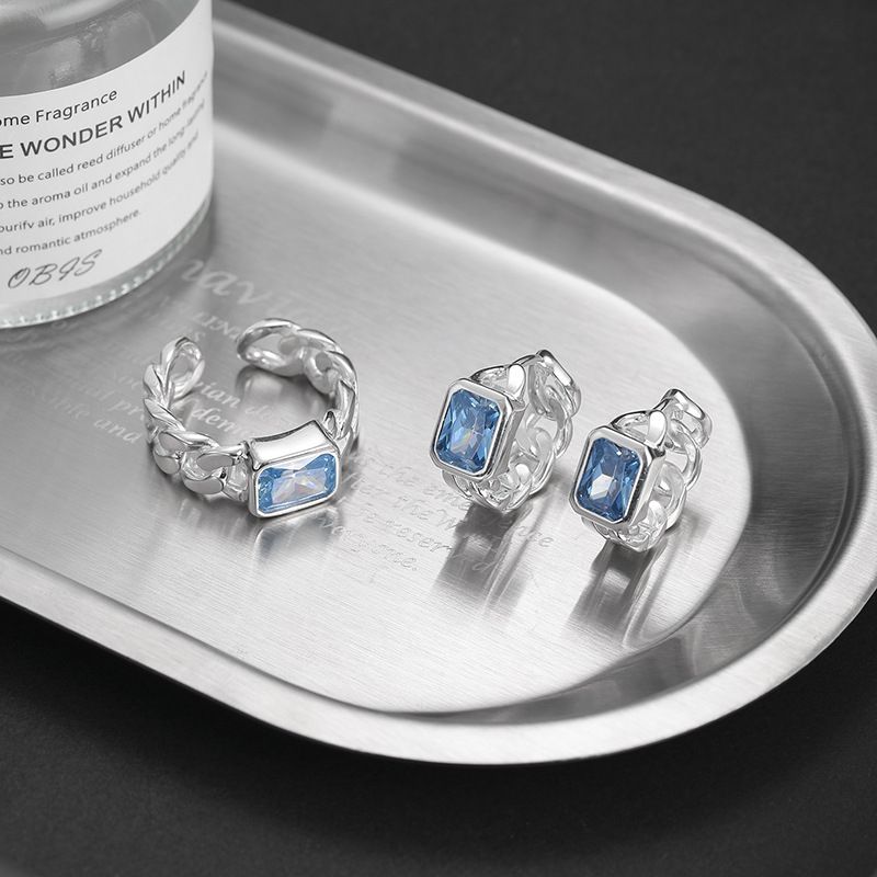 High-Quality S Pure Silver Aquamarine Heavy Craft Square Diamond Open Exaggerated Cuban Chain Ring Earrings_voghion.com