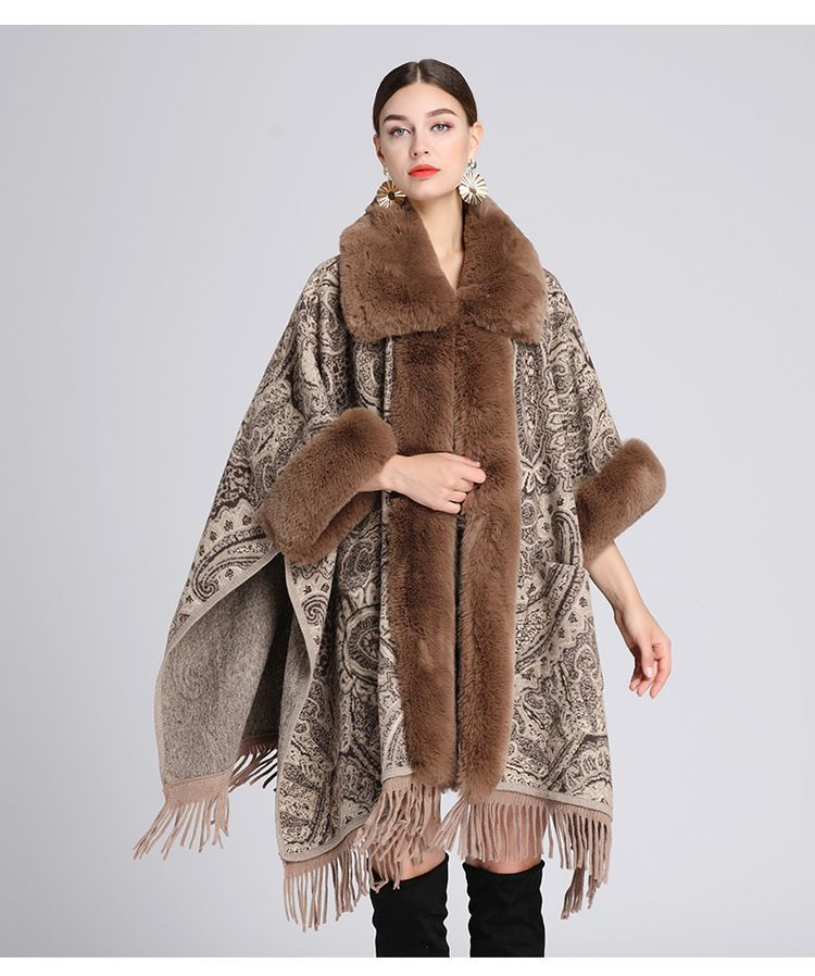 Wollkragen Cape Cape Jacquard lose Fransen Übergröße Wollmantel Dame_voghion.com