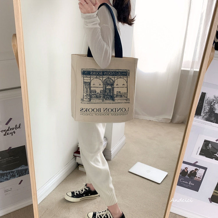 Women Canvas Shoulder Bag London Books Print Ladies Casual Handbag Tote Bag Reusable Large Capacity Cotton Shopping Beach Bag_voghion.com