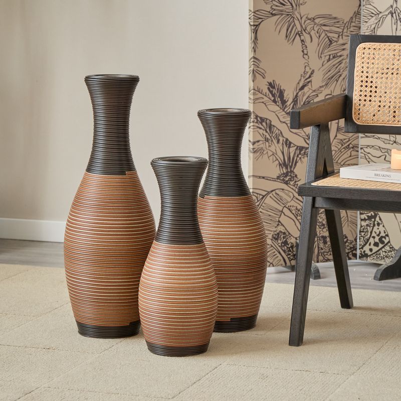 Set Of 3 Designer Floor Vases, Large Vases For Home Decor Flooring, Artificial Rattan Floor Vases, Brown Floor Vases For Living Rooms Or Corridors_voghion.com