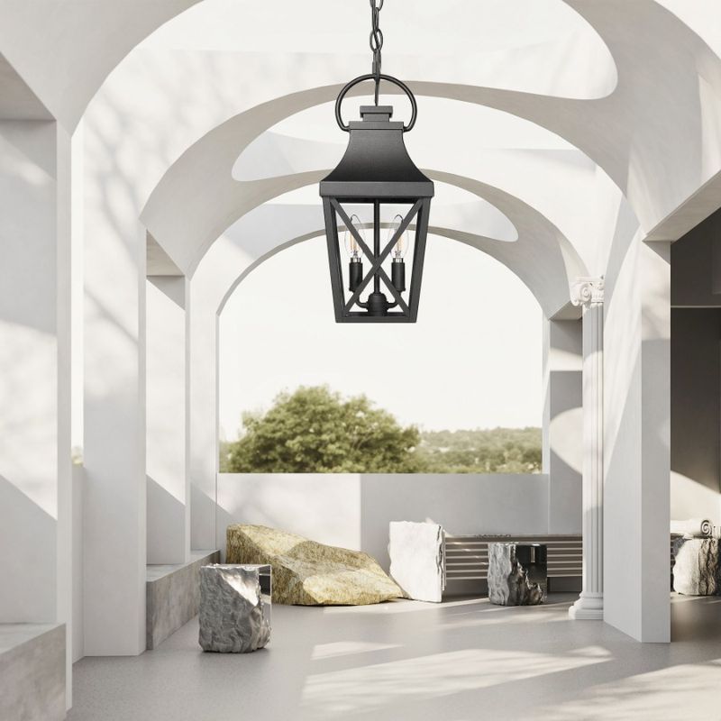 Lampadario a sospensione da esterno con gabbia trasparente e nera, da soffitto, a 2 luci, in vetro, per esterni, industriale, sospeso con_voghion.com