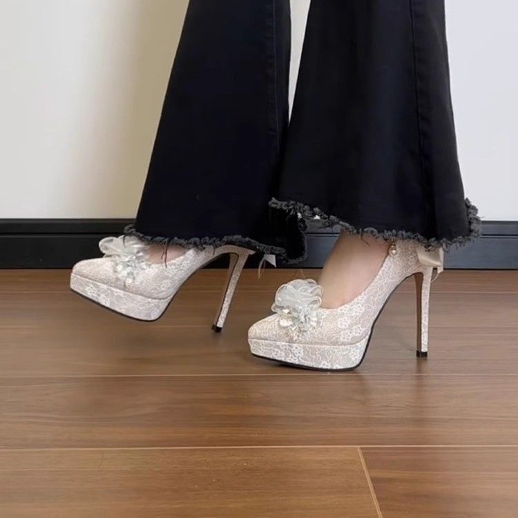 French Exquisite Chinese Style To Match Cheongsam High Heels Women Pearl Chain Flower Single 2025 Spring Bride Shoes_voghion.com