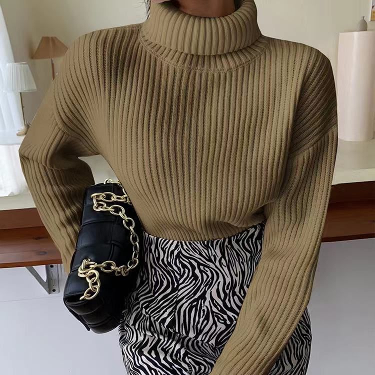 Women's Clothing autumn and winter red sweater Korean version solid color temperament commuting high collar pullover female loose long sleeved sweater_voghion.com