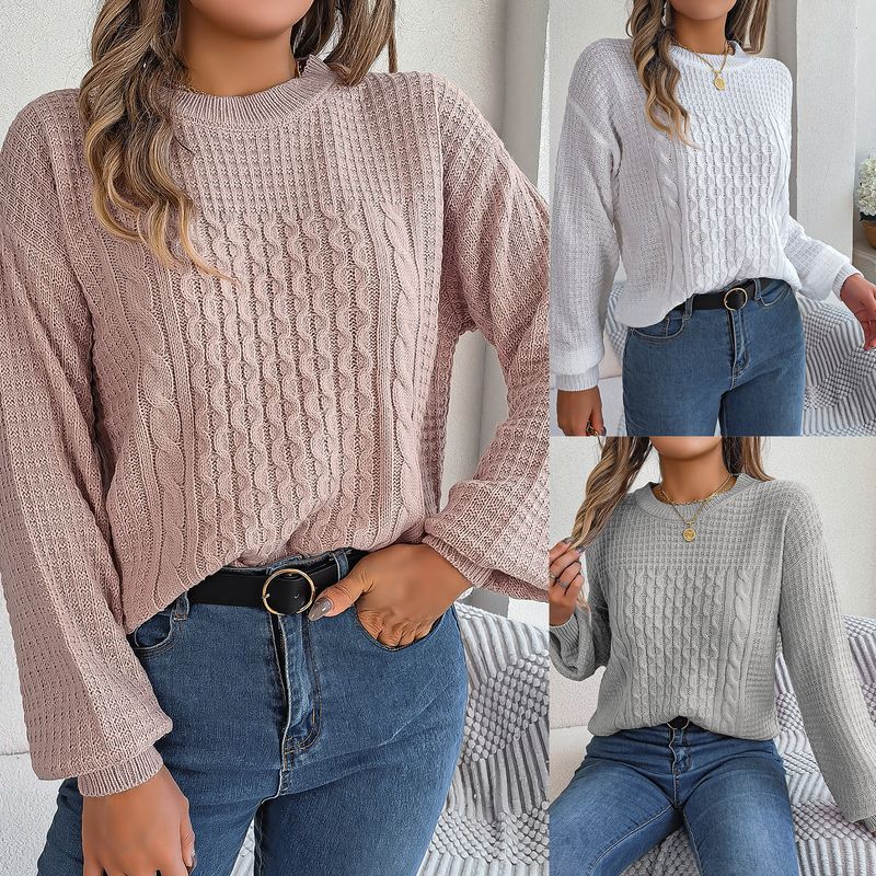Maglione pullover casual con maniche a lanterna intrecciate, tinta unita, autunno e inverno 2023, moda donna_voghion.com