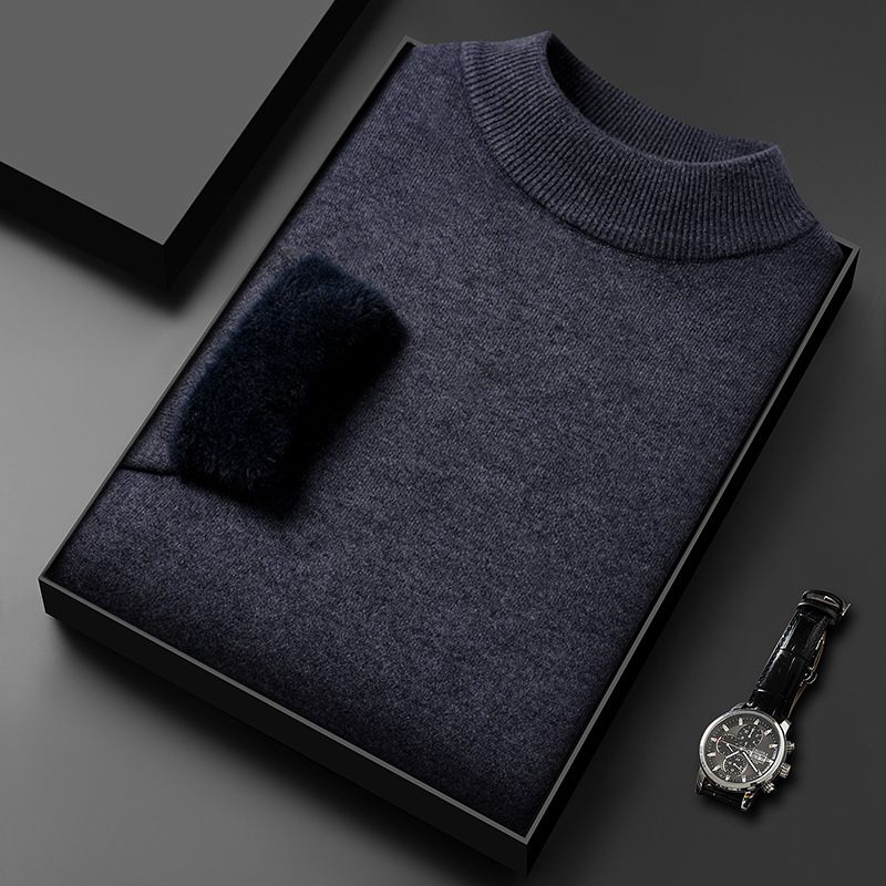 Herfst en winter Nieuw Halfhoge hals gebreid voor mannen, middelbare vader, effen kleur eendelig fleece anti-pilling warm_voghion.com