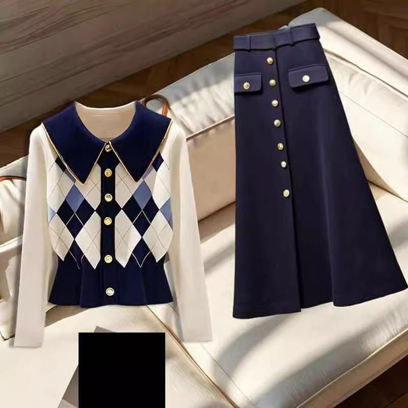 Dameskleding Herfst- en wintermode voor straatsterrenoutfits voor vrouwen, nieuwe high-end diamanten trui, strakke rok, tweedelig pak_voghion.com