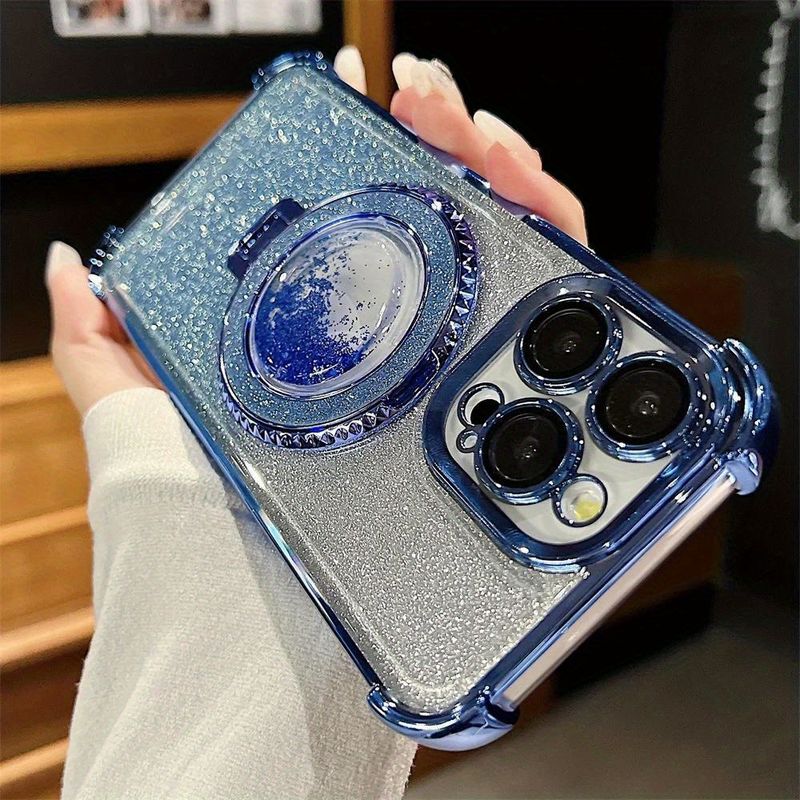 Magnetic Ring Holder Stand for iPhone 15ProMax, 15, 14, 13, 12, 11 Pro Max Plus, Shockproof TPU Protective Cover with Floating Glitter_voghion.com