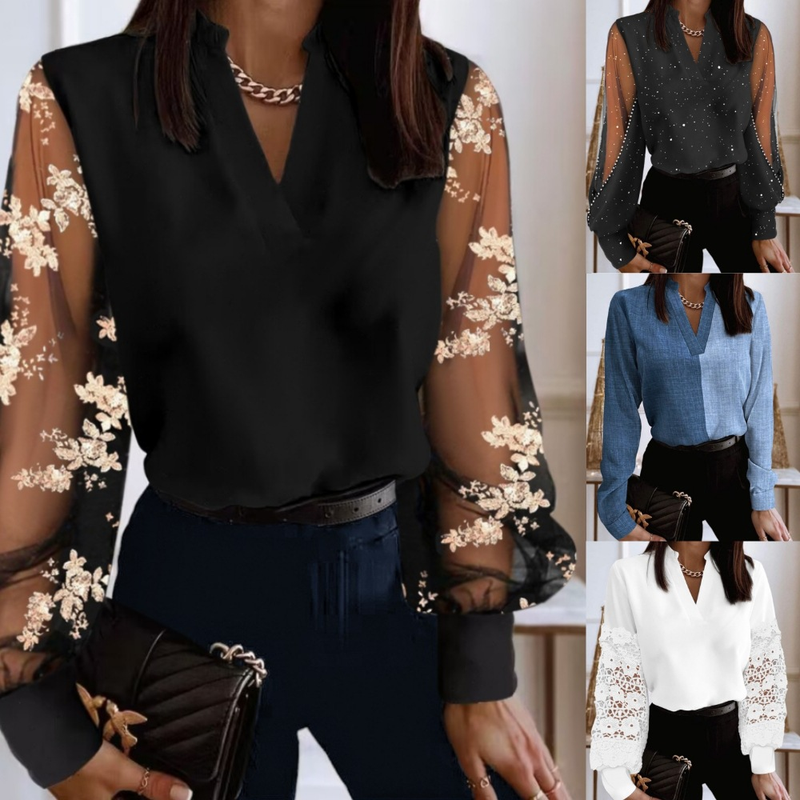 Modisches Damen-Shirt mit V-Ausschnitt und Spitze, langärmelig_voghion.com