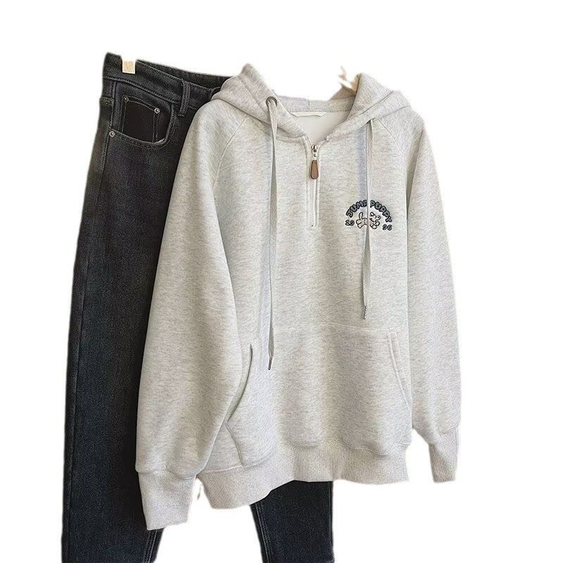 Felpa con cappuccio con ricamo retrò per cani, con mezza cerniera, in peluche spesso, per autunno e inverno_voghion.com