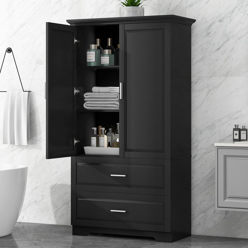 Tall Bathroom Storage Cabinet, Cabinet With Two Doors And Drawers, Adjustable Shelf, MDF Board_voghion.com