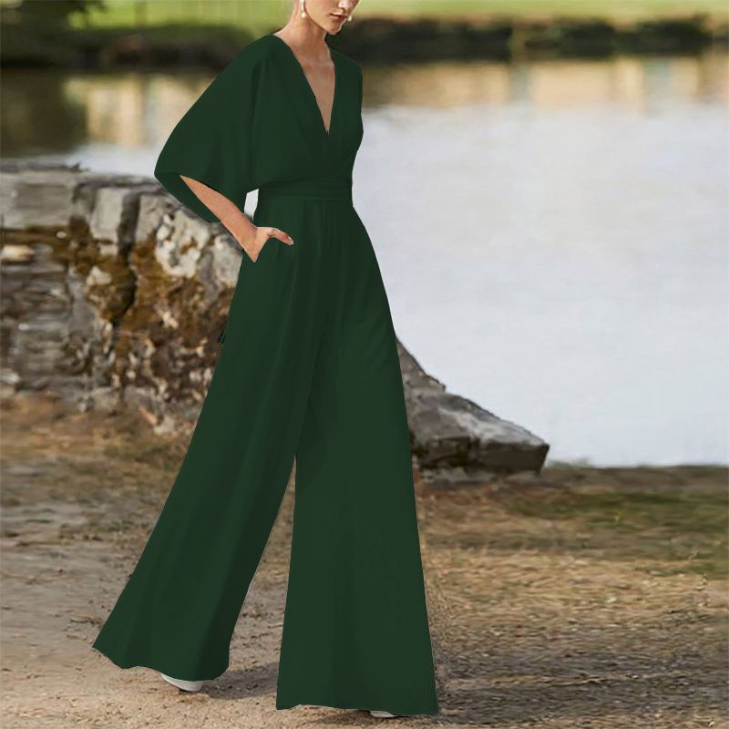 Damesjurk Jumpsuit Hot Sale Diepe V-broek met hoge taille en wijde pijpen_voghion.com