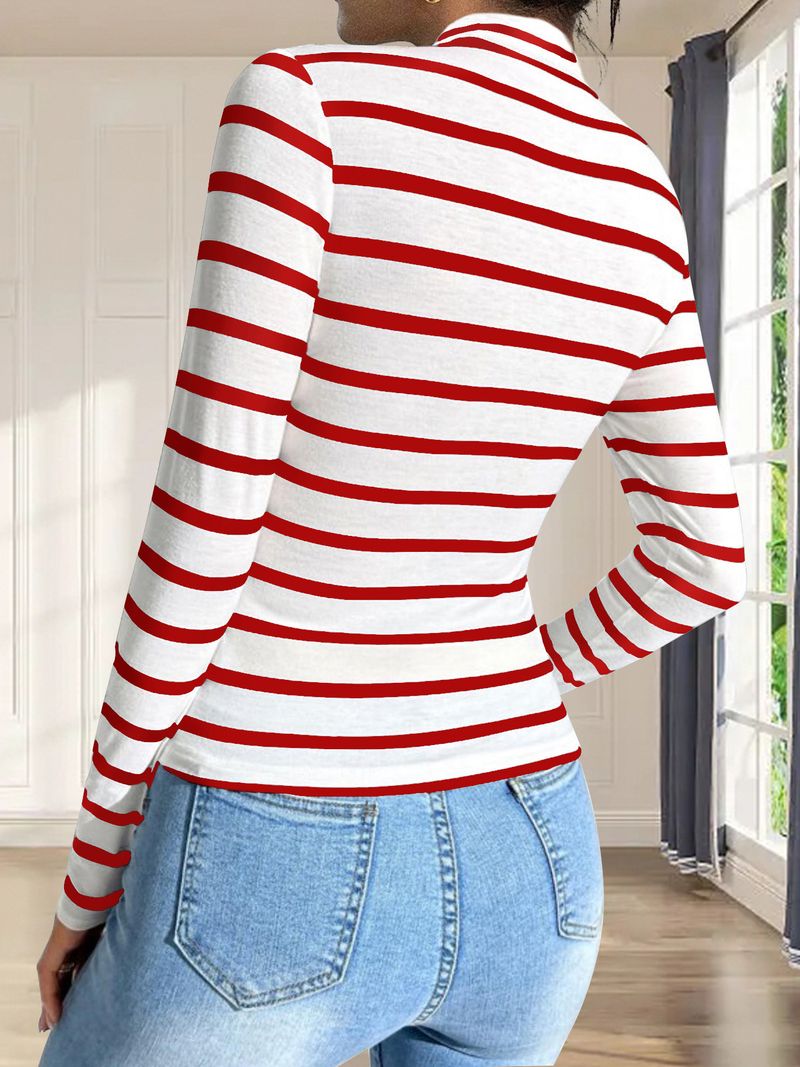 Maglietta a maniche corte in cotone a righe estive 2025 con collo alto, temperamento da pendolare, con cappuccio, da donna, lavorata a maglia_voghion.com