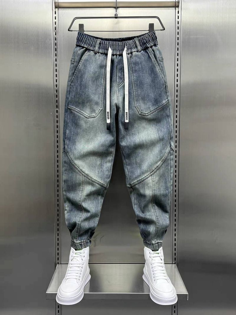 Nostalgiske blå elastiske buksekant biker herrejeans bomullspolstrede hoftebukser til herre_voghion.com