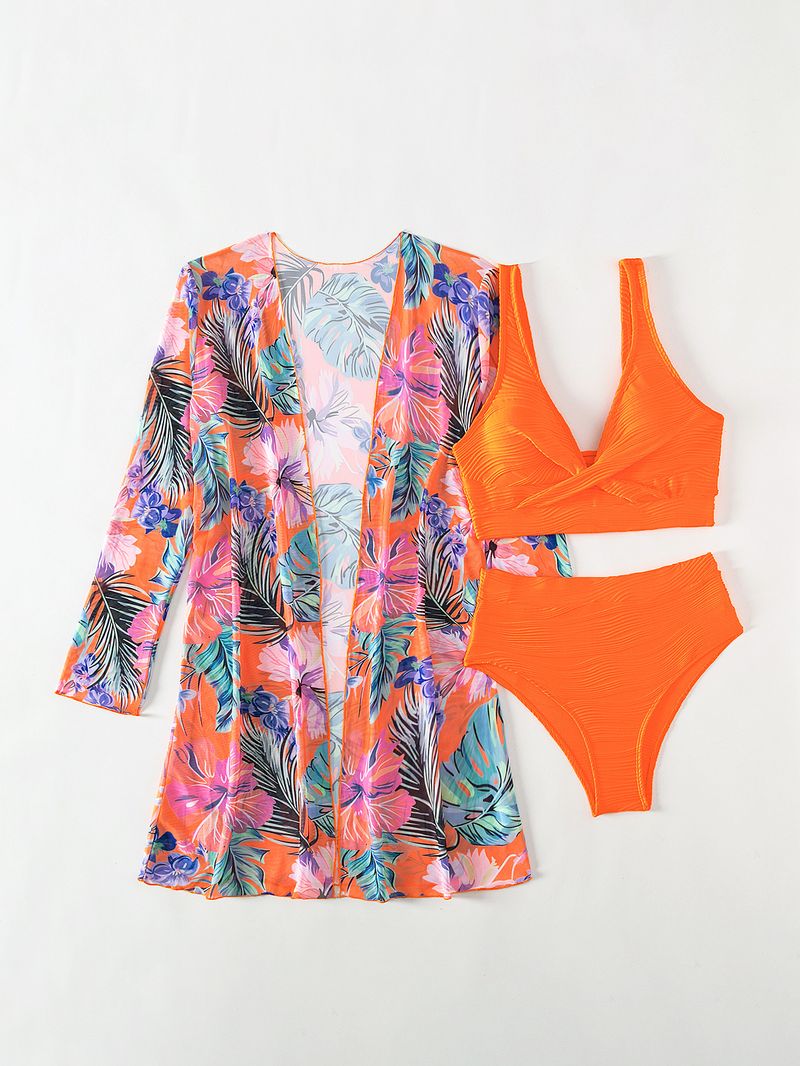 costume da bagno in tre pezzi diviso da donna a maniche lunghe bikini celebrità di Internet a vita alta tinta unita_voghion.com