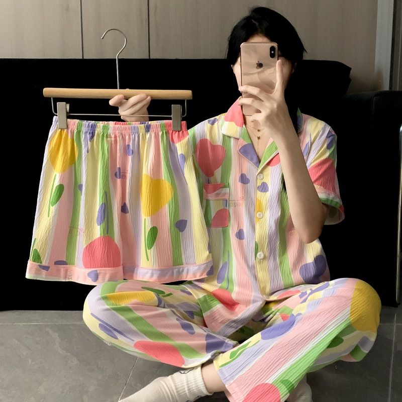 Kadınlar için yazlık büyük beden pijama, tatlı lale kısa kollu ev kıyafetleri, giyilebilen bol üç parçalı set_voghion.com