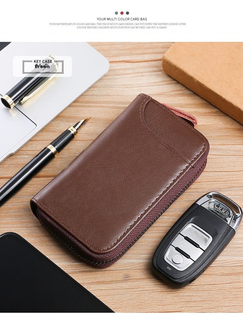 Andralyn Real Cowhide Car Key Bag Men's Large Capacity Zipper Bag Women's Waist Hanging Key Bag Trendy and Simple Card Bag_voghion.com