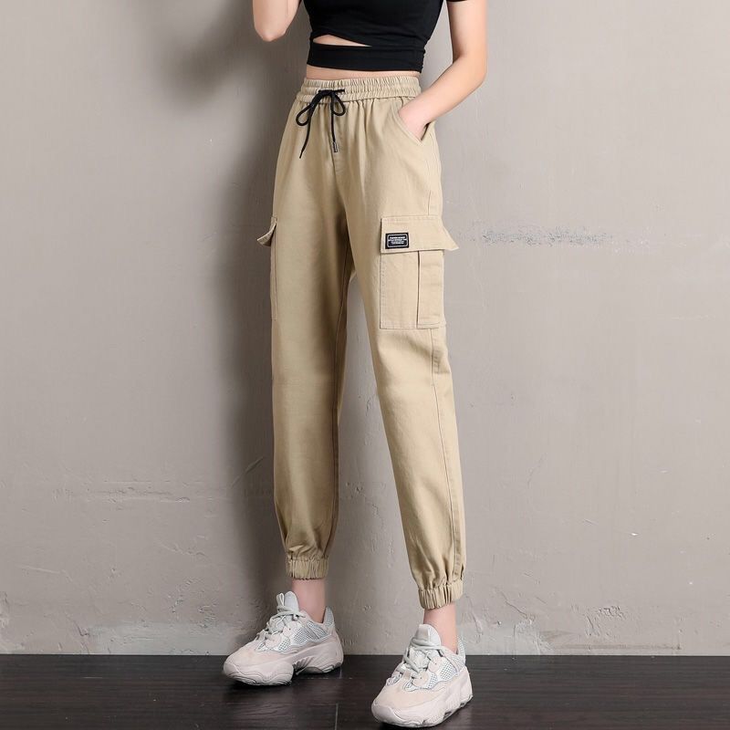 Women's Cargo 2023 Spring And New High Waist Casual Jogger Nine Points Fleece Lined Thickened Sports Harem Pants Autumn_voghion.com