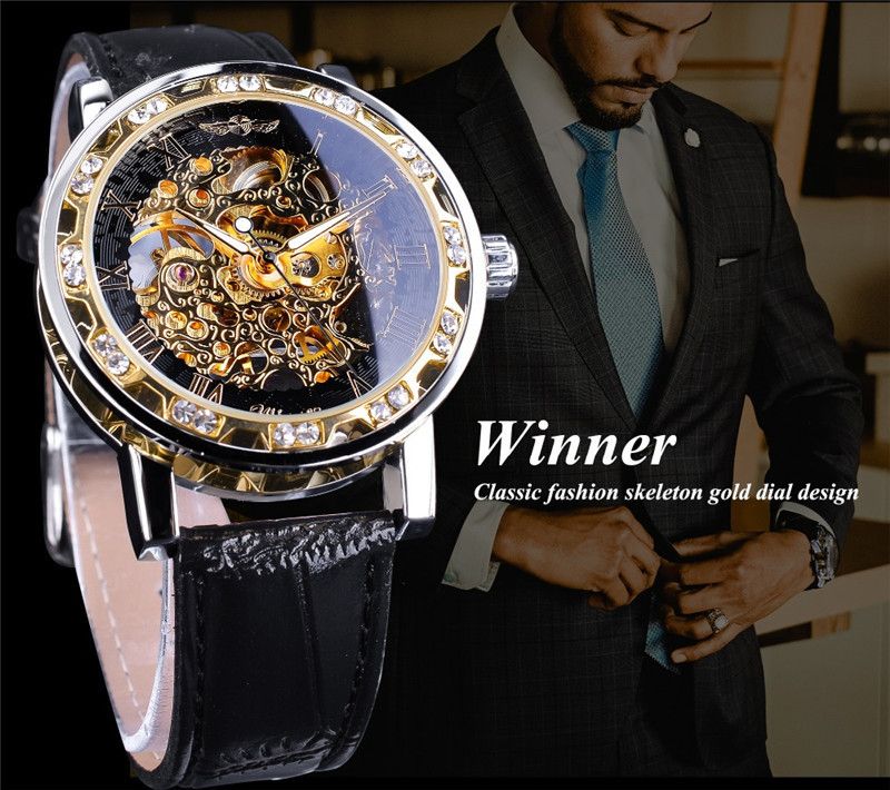 Men's Fashion Skeleton Mechanical Watch With Rhinestones - Hand-Winding Luxury Timepiece, 40mm Leather Strap, Stainless Steel Buckle_voghion.com