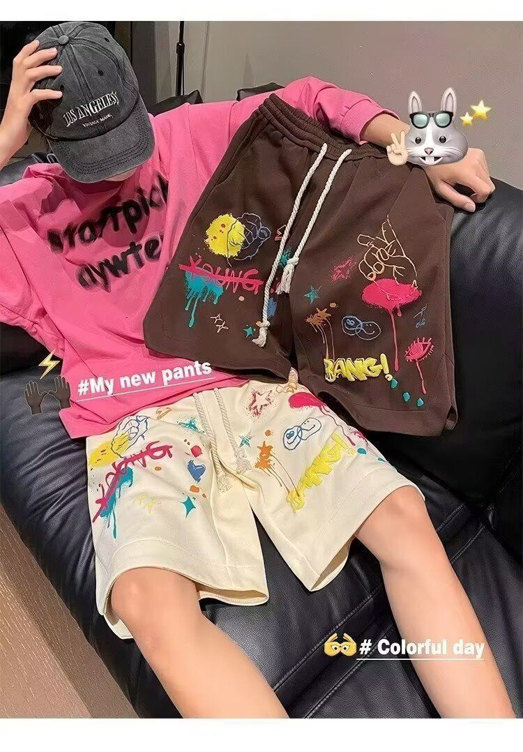 Graffiti sportshorts voor heren Zomermodemerk Oversized High Street American Vibe Dopamine bijpassende broek_voghion.com