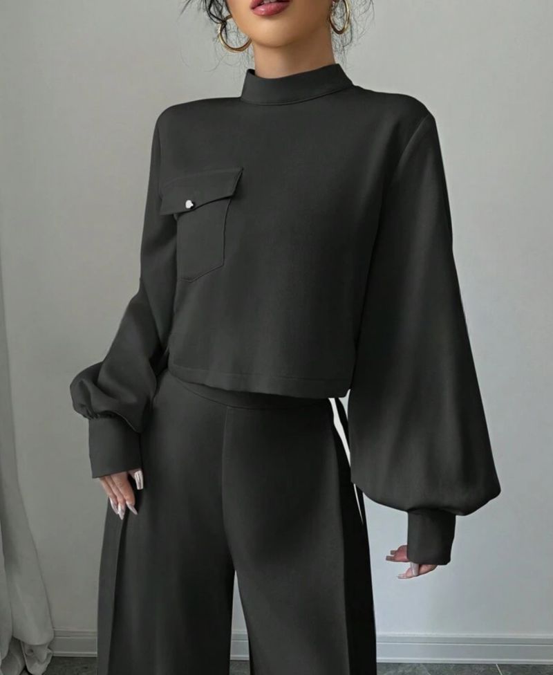 Women's Clothing casual half high collar lantern sleeves fashionable color matching wide leg pants suit_voghion.com
