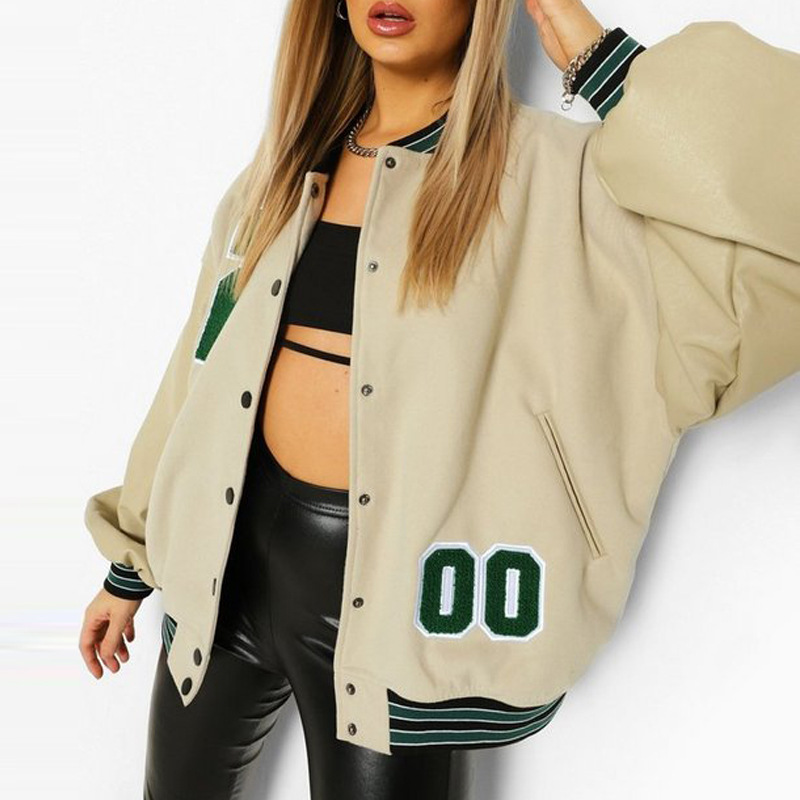 Chaqueta de béisbol engrosada de lana con letras para mujer_voghion.com
