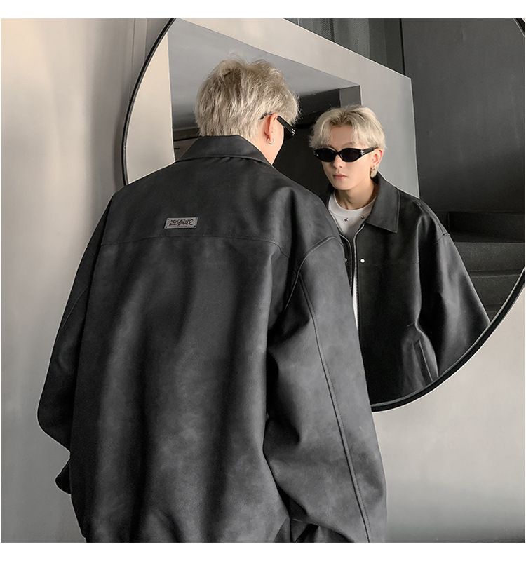 Retro Lederjacke Herren 2024 Frühling und Herbst Neue einfache Trend Ruffian Hübsche vielseitige lose Pu-Lederjacke_voghion.com