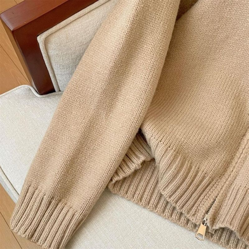 Zachte gebreide trui met capuchon voor dames - Comfortabele trui met lange mouwen, losse mouwen, pure kleur en ritsdetails, stedelijke forensenstijl (crème, kaki)_voghion.com