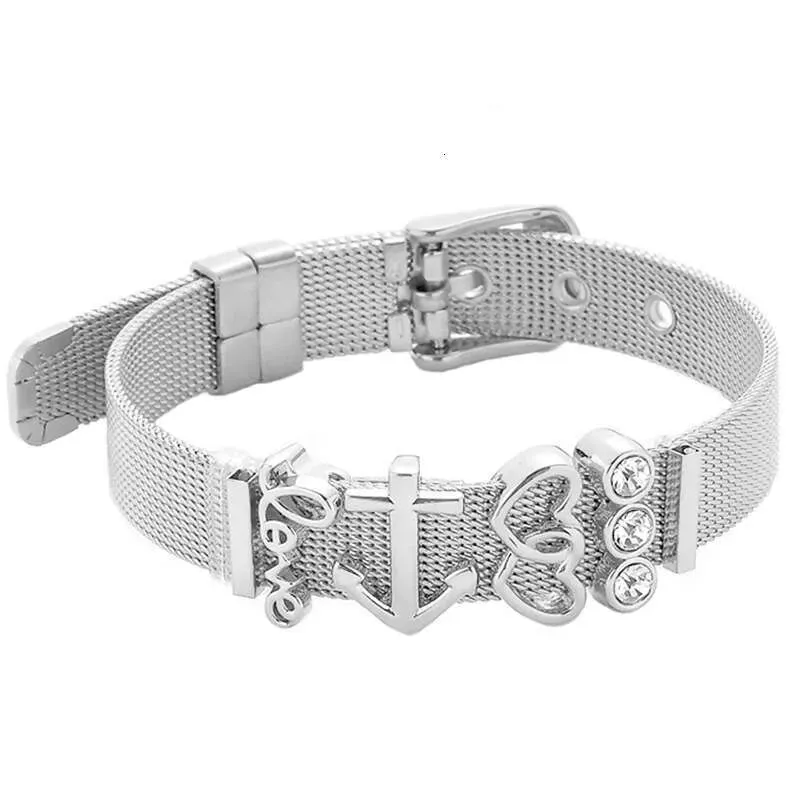 Fashion Stainless Steel For Woman Men Mesh Set Crystal Heart Anchor Charm Fine Bracelet Bangle Female Lover_voghion.com