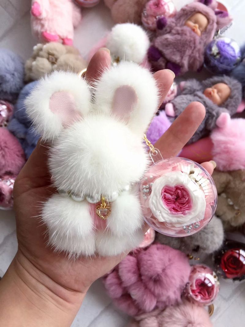 Neu Nerz Pelz Kaninchen Tote Kaninchen Anhänger Lange Ohr Jade Kaninchen Keychain Zubehör Anhänger Ewige Blume Zubehör Tasche Hängen_voghion.com