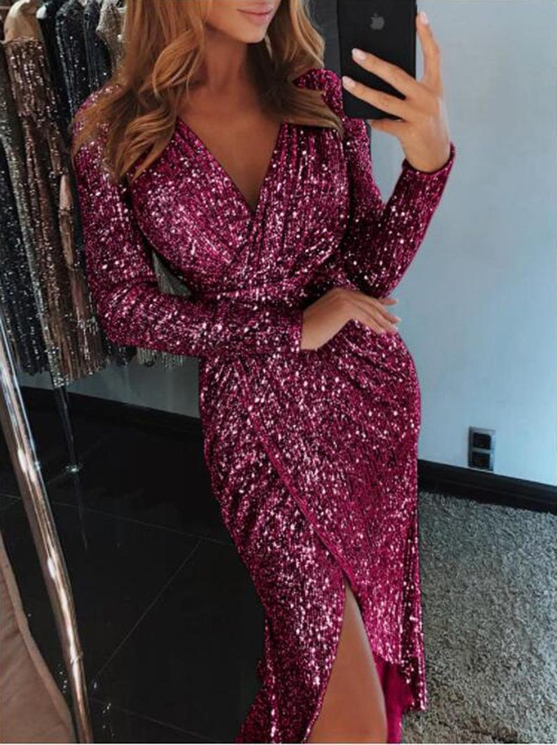 Ženska oblačila, nova vroče žigosana seksi midi krilo z dolgimi rokavi, V-izrez, formalna večerja, slim fit obleka za ženske_voghion.com