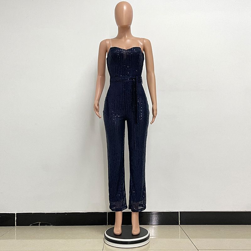 Dametøj Ærmeløs pailletterbæltejumpsuit ensfarvet tubetop rygløs jumpsuit_voghion.com