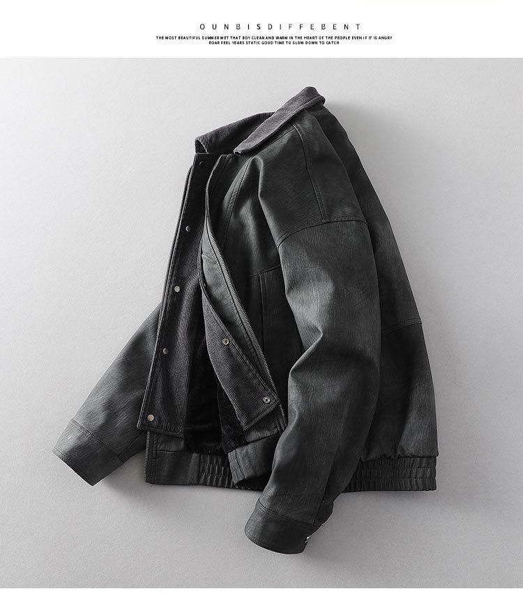 Men's Vintage PU Leather Bomber Jacket – American Retro Faux Two-Piece Fleece-Lined Coat With Zip Front & Side Pockets_voghion.com