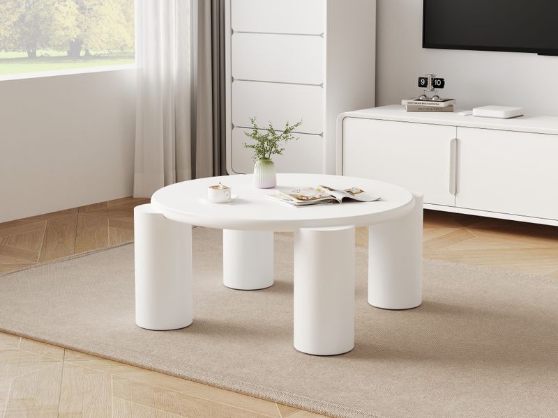 Table basse moderne White Cloud avec 4 pieds stables, petite table d'appoint ronde blanche pour salon, chambre, balcon, terrasse, design à bords arrondis_voghion.com