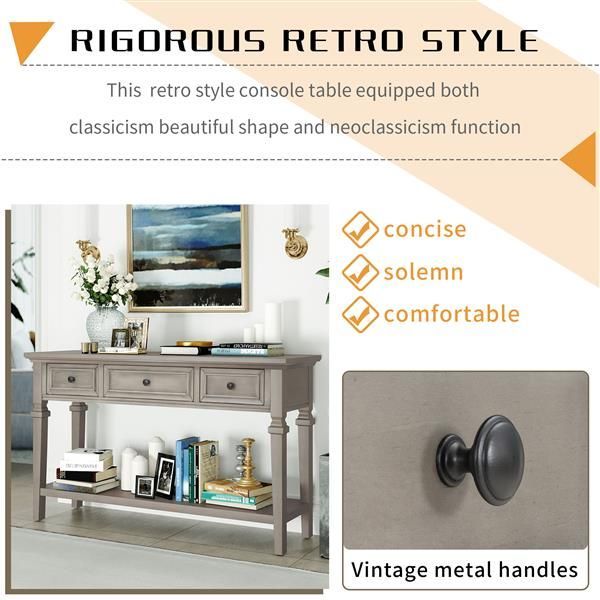 Classic Retro Style Console Table With Three Top Drawers And Open Style Bottom Shelf, Easy Assembly (Gray Wash)_voghion.com