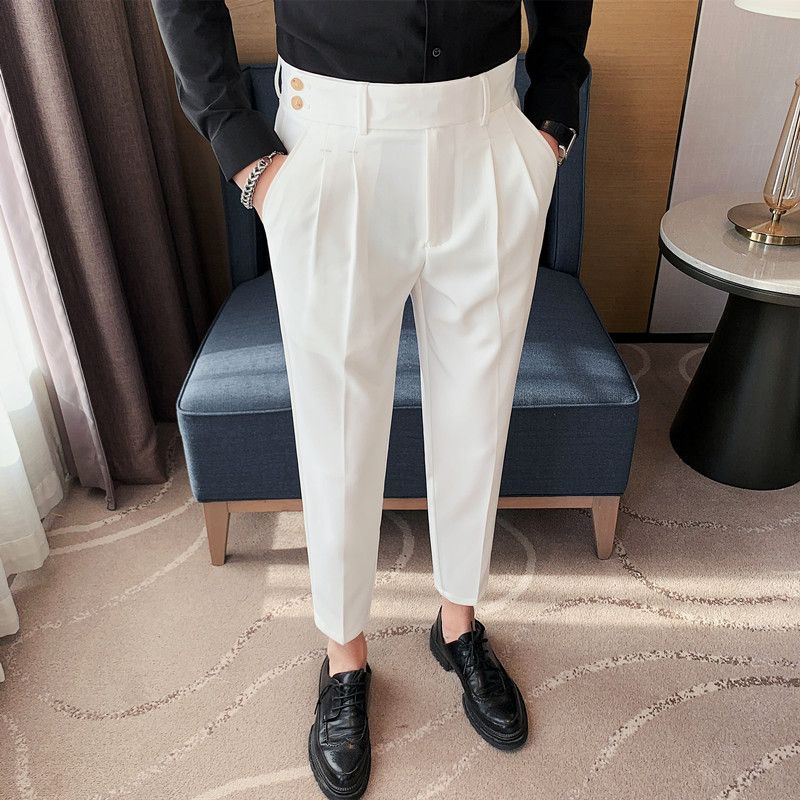 Pantaloni napoletani da uomo nuovi di zecca, in twill strutturato, con vita a pieghe, design casual a nove punte, vita media e alta_voghion.com