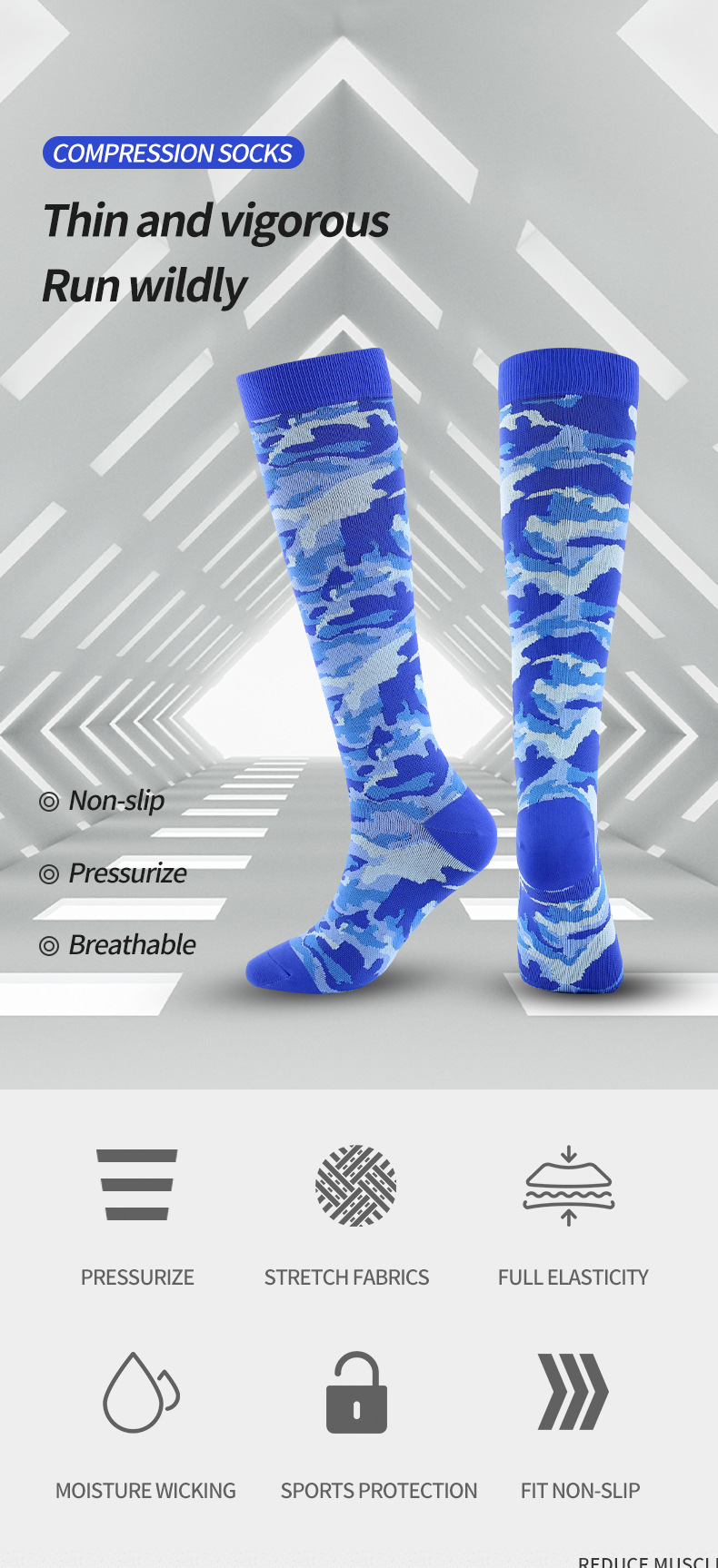 Sokken, leggings voor buitensporten, druksokken, camouflage, gestreepte compressiesokken, casual sportsokken, halfhoge kuitsokken, directe verkoop in de fabriek_voghion.com