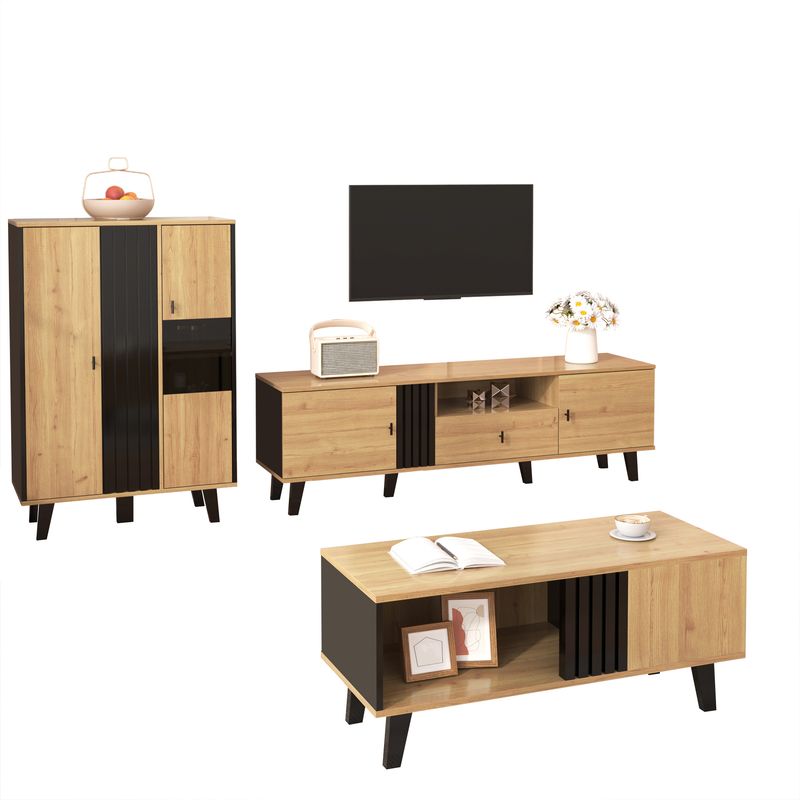 Buffet avec éclairage LED et verre, armoire en stratifié beige avec finition noire et bois, design unique à rayures noires_voghion.com