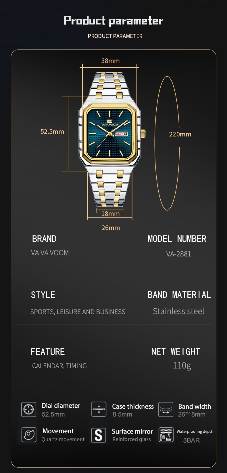 Herren-Quarzuhr aus Edelstahl mit Datumsfunktion, Leuchtzeigern und quadratischem Zifferblatt – Business-Casual-Armbanduhr_voghion.com