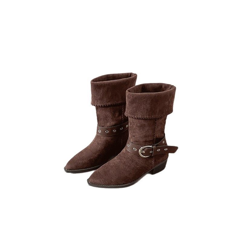 Suede Western 1 For Women New Autumn Northwest Style Slouch With Belt Buckle Pointed Toe Chunky Heel Travel Boots_voghion.com