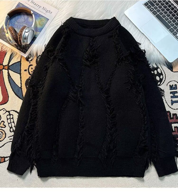 New round neck knitted sweater, men's lazy style design, autumn and winter trendy brand, destructive woolen sweater jacket_voghion.com