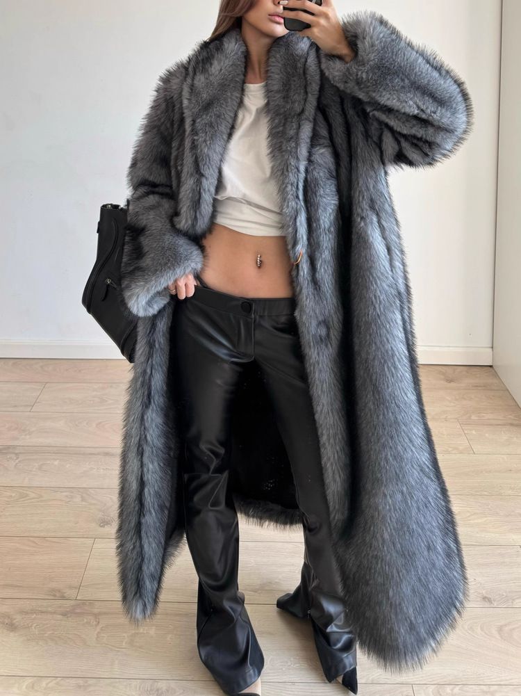 Women's Clothing Women's Faux Fur Coat - Long Plush Teddy Jacket With Scarf Collar_voghion.com