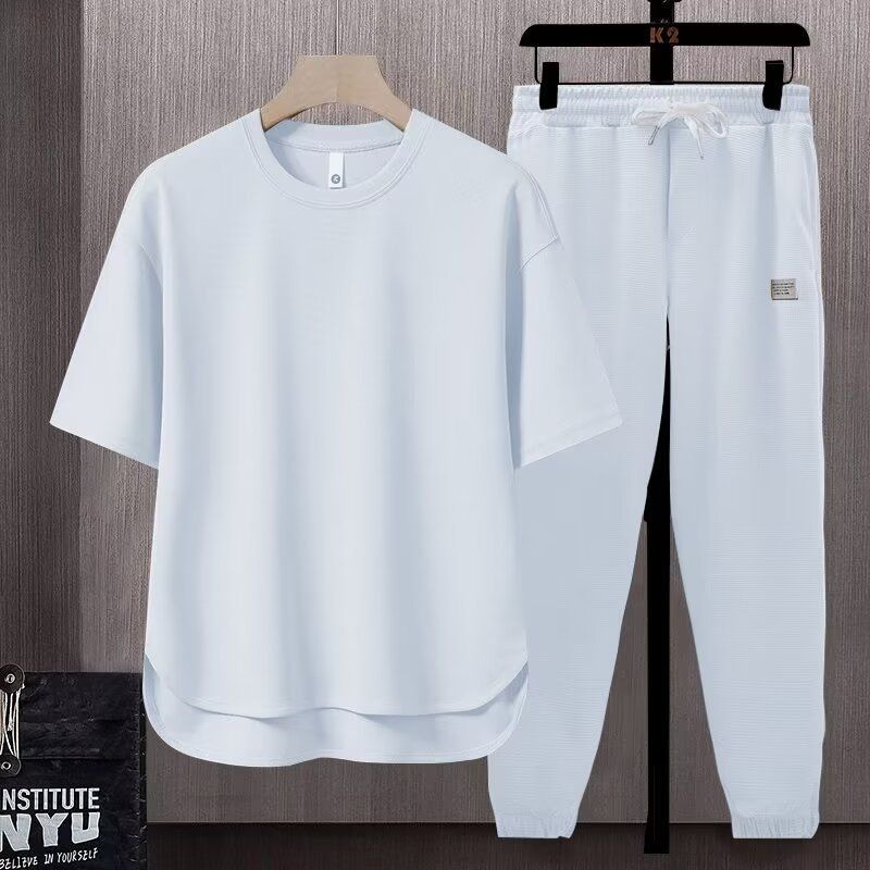Locker sitzendes, einfarbiges Herren-T-Shirt 2025 Sommer Trendy Ins Style Kurzarm Lange Hose Zweiteiliges Set_voghion.com