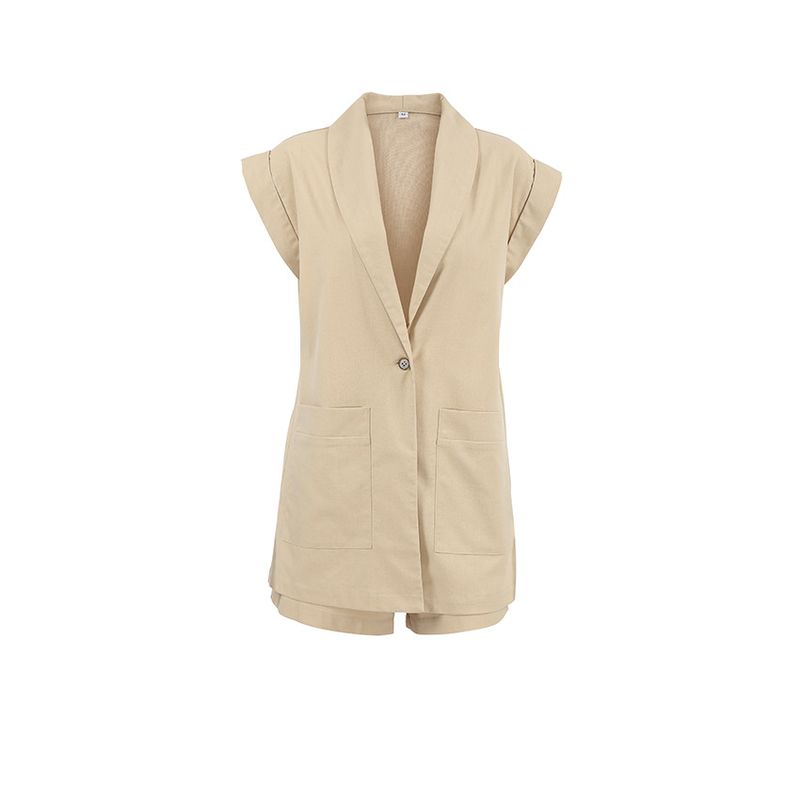 Completo da donna in stile britannico, con colletto, in cotone e lino, senza maniche, pantaloni corti, casual, elegante, estivo, 2024_voghion.com