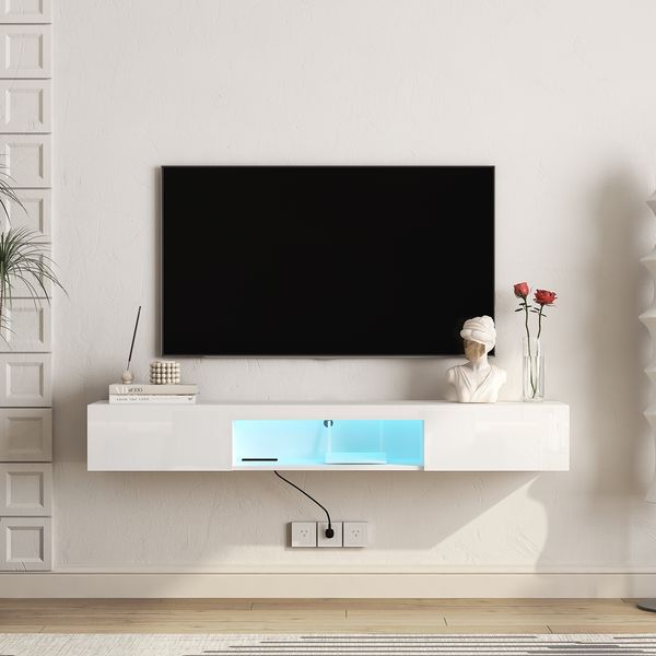 Floating TV Stand Wall Mounted With 16 Color LEDs,63' Modern TV Stand,Floating TV Cabinet Entertainment Center For 55 60 65 Inch TV,White_voghion.com