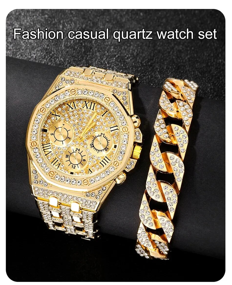 Men's luxury stainless steel gold bracelet, hip-hop diamond, large dial, business, quartz watch, fashionable_voghion.com