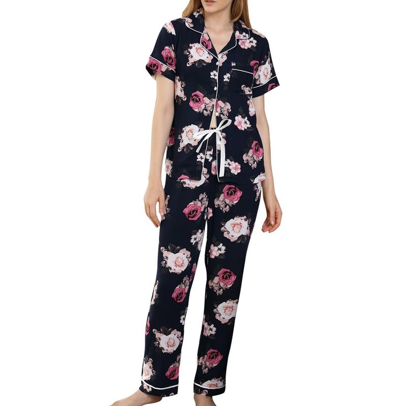 Pyjama Dames Zomer Plantenprint Korte Mouw Shirt Lange Broek Tweedelige Set Huiskleding Pamas_voghion.com