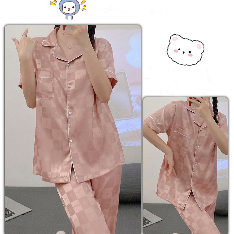 Knopfmode, lässiger Jacquard-Pyjama, Damen-Langarm-Eisseide-Hauskleidung, zweiteiliger Anzug, kann draußen getragen werden_voghion.com