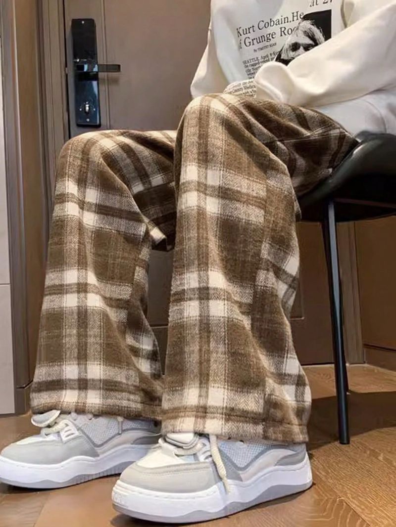 Herrenbekleidung, stilvolle karierte Hose mit weitem Bein, lässige bequeme Passform mit Farbblockdesign, Polyester-Stretchhose für den Alltag (schwarz)_voghion.com