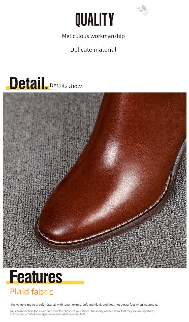 Retro Brown Spring And Autumn Chunky Heel Calf Skin Women's Boots_voghion.com