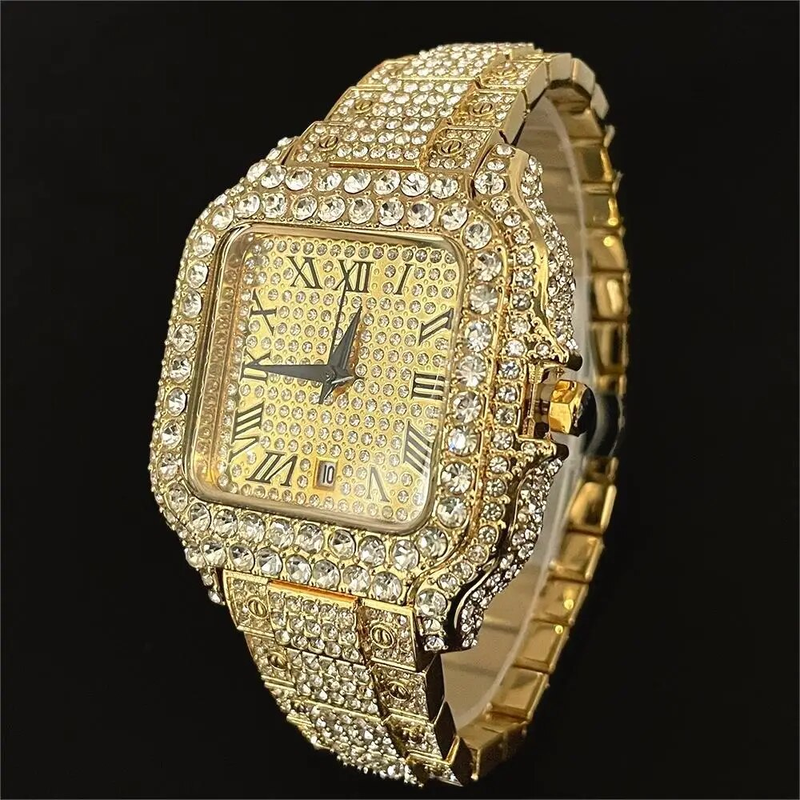 2023 Nieuwe Iced Horloge Herenmode Merk MISSFOX Automatische Datum Roestvrijstalen Klok Hip Hop Diamant Vierkant Goud_voghion.com
